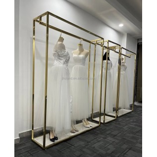 Стійка для весільних і вечірніх суконь 1200×400×2200 мм — глянцеве золото, труба 30×30 мм, полиця ДСП